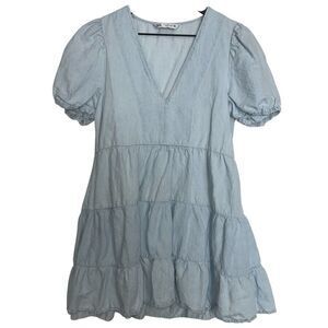 ZARA Premium Denim Collection Tiered Chambray Dress Puff Sleeve Blue Size Small